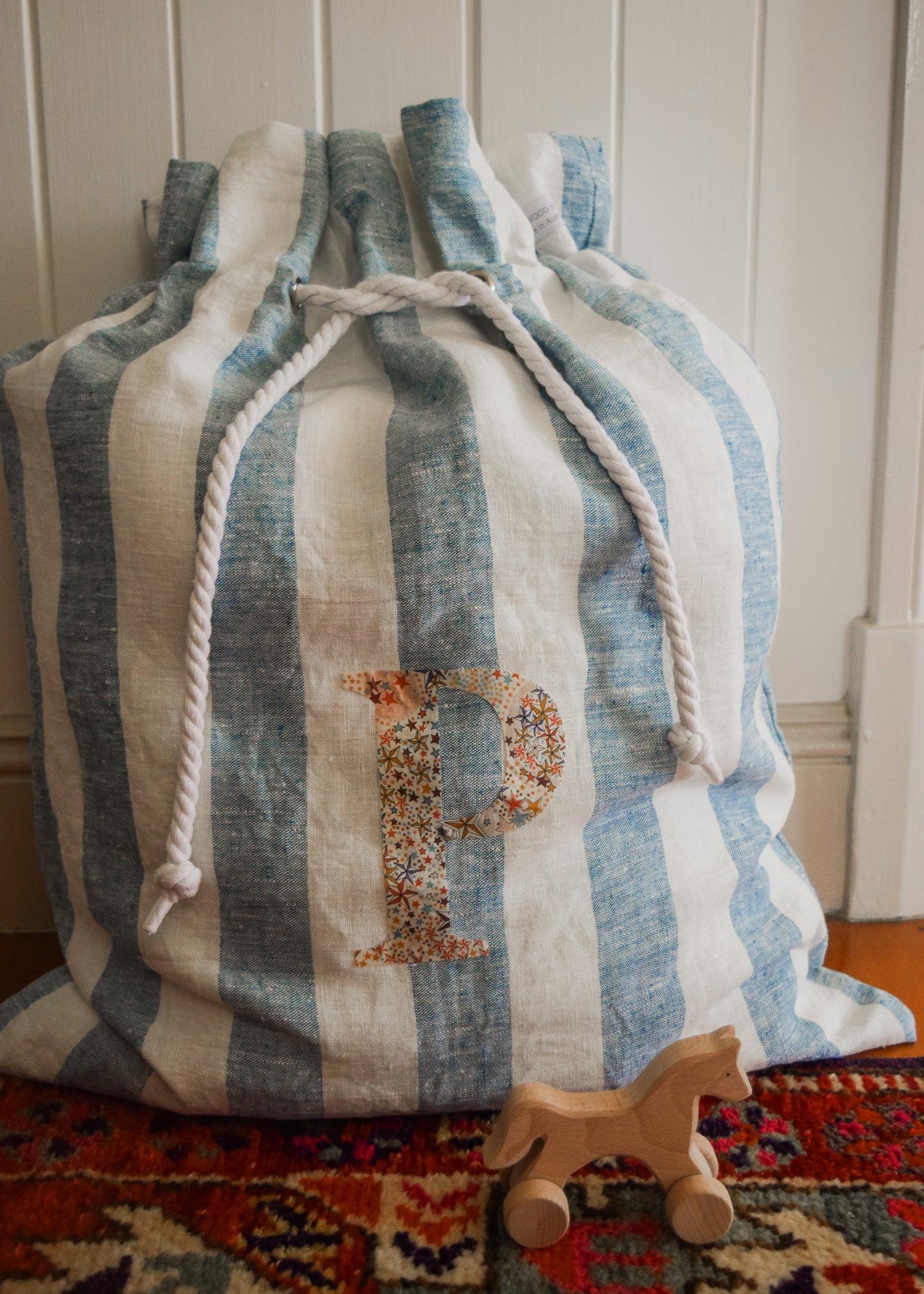 Personalised Liberty + Indigo Stripe Linen Santa Sack