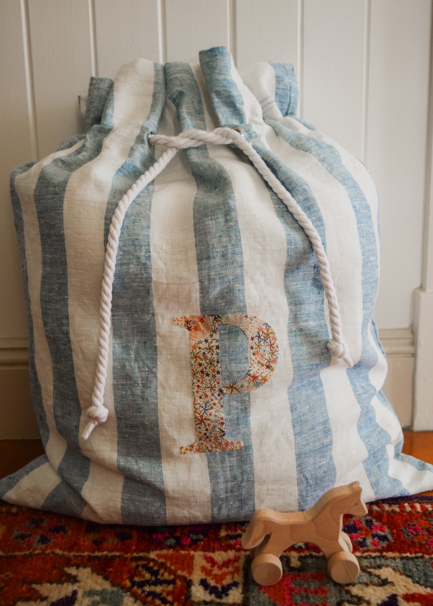 Personalised Liberty + Indigo Stripe Linen Santa Sack