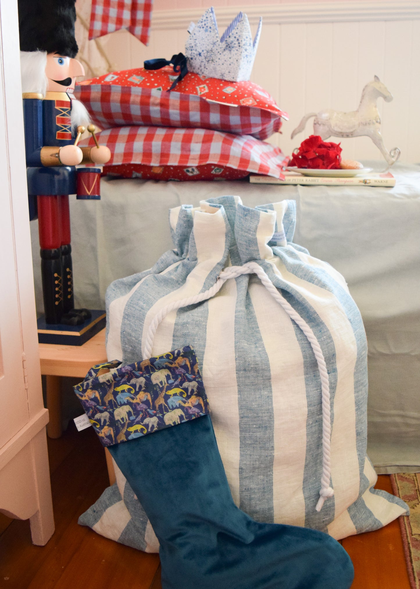 Personalised Liberty + Indigo Stripe Linen Santa Sack