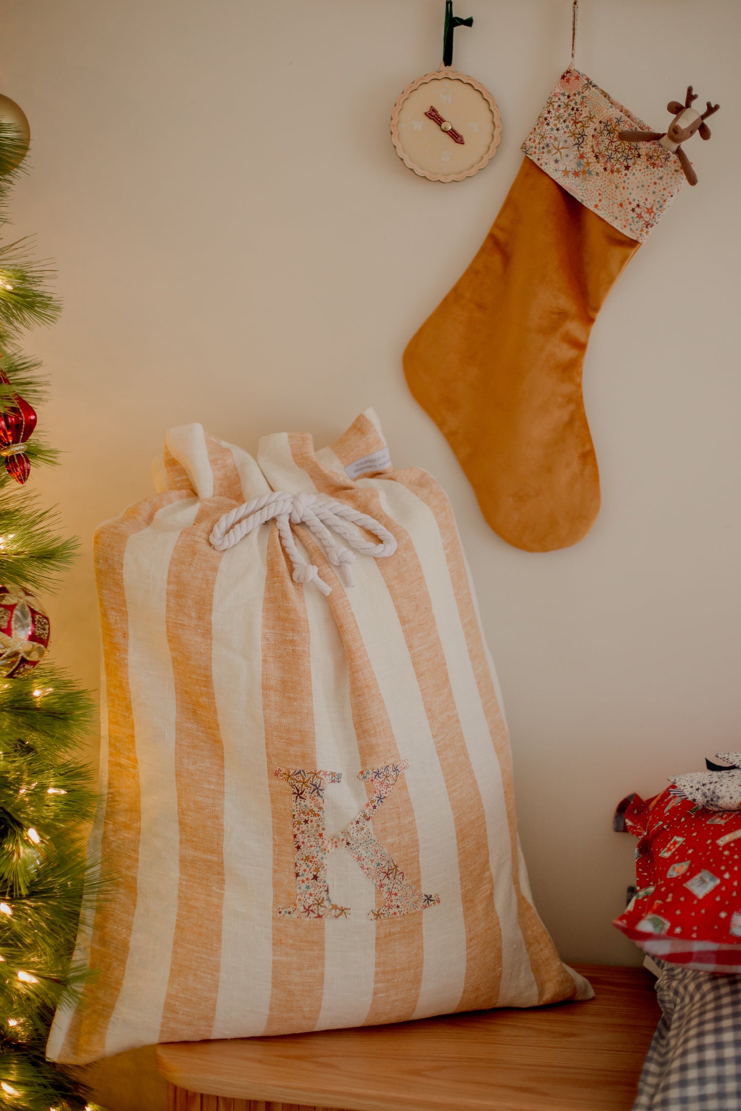 Personalised Liberty + Gingerbread Stripe Linen Santa Sack