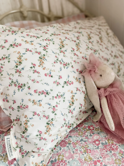 Liberty of London 'Elizabeth' + Seashell Gingham Linen or Pink Stripe Cotton Pillowcase